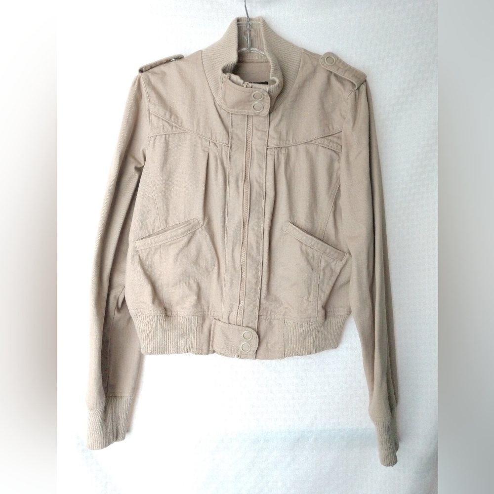 Short Moto Style Cotton Jacket Beige Zip Up 90s Juniors XL Chest 38" Rue 21